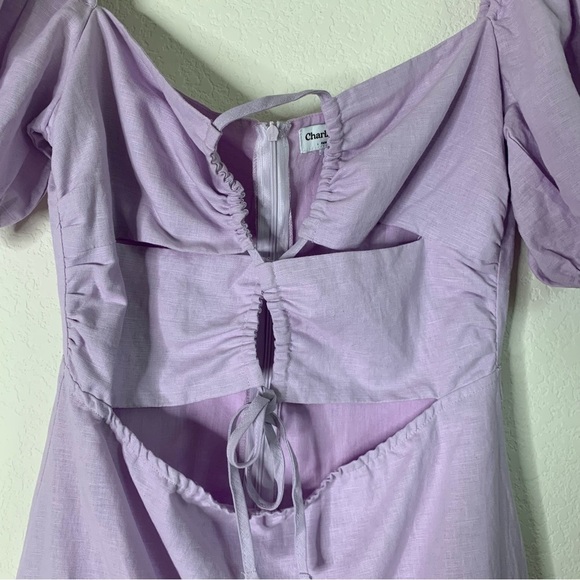 Charlie Holiday Womens purple linen cotton puff sleeve cut out midi dress 8 - Picture 6 of 10